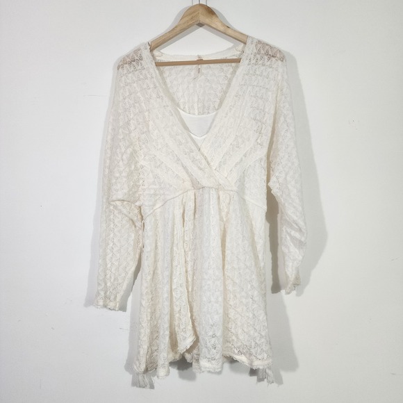 Free People Dresses & Skirts - Free People Snug Bug Dress XS Ivory Lace Faux Wrap Tassel Boho ethereal fairy